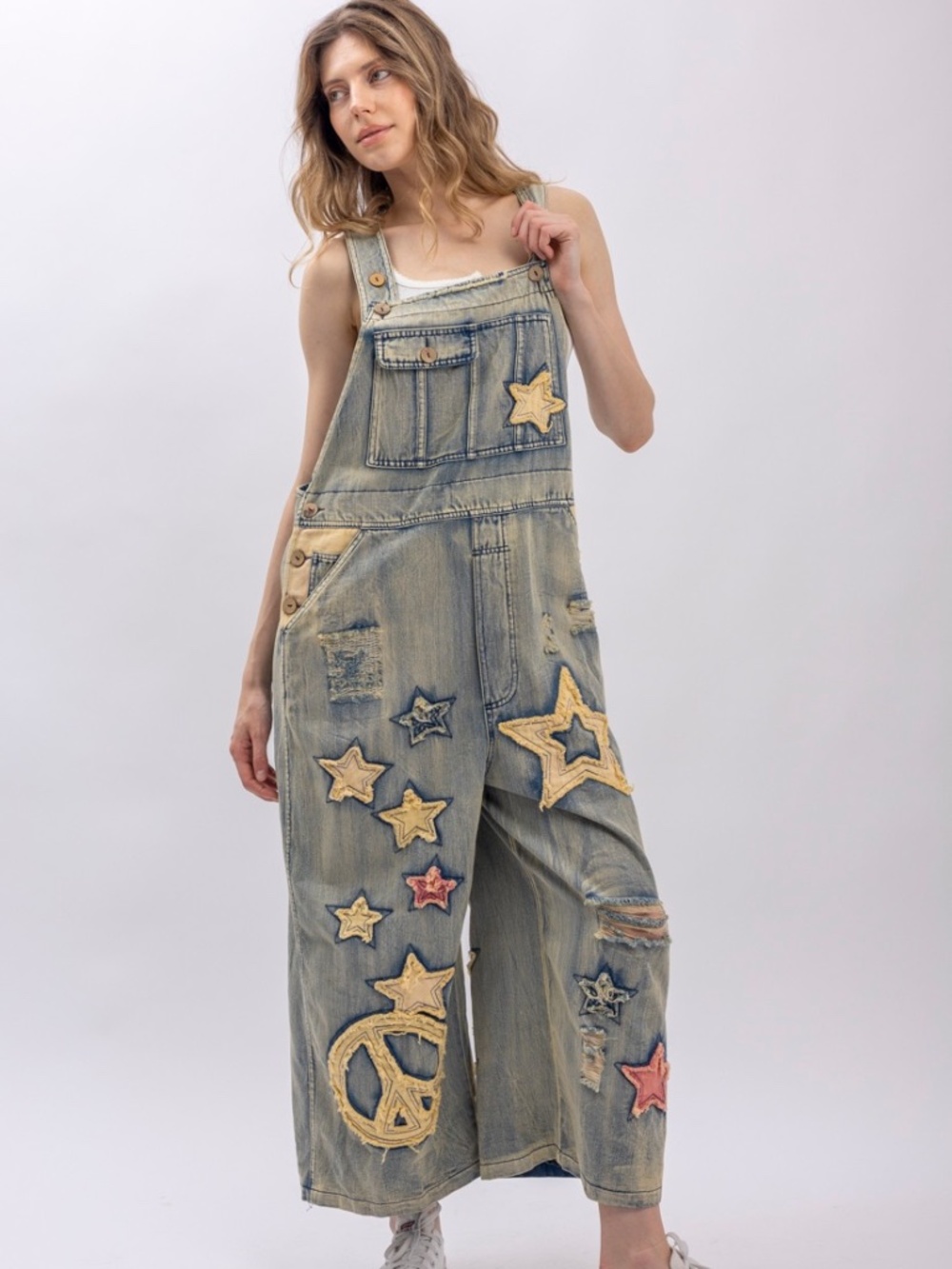 Bluevelvet Star Peace Patchwork Wide Leg Cropped Denim Jean Overalls - Picture 3 of 11